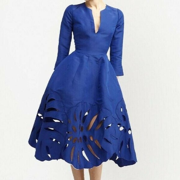 °$4,590 NEW OSCAR DE LA RENTA BLUE SILK LEAF MIDI DRESS US 8 - Picture 2 of 12